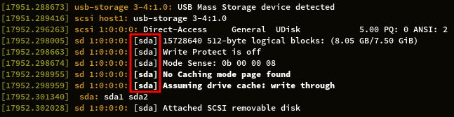 dmesg showing the device name